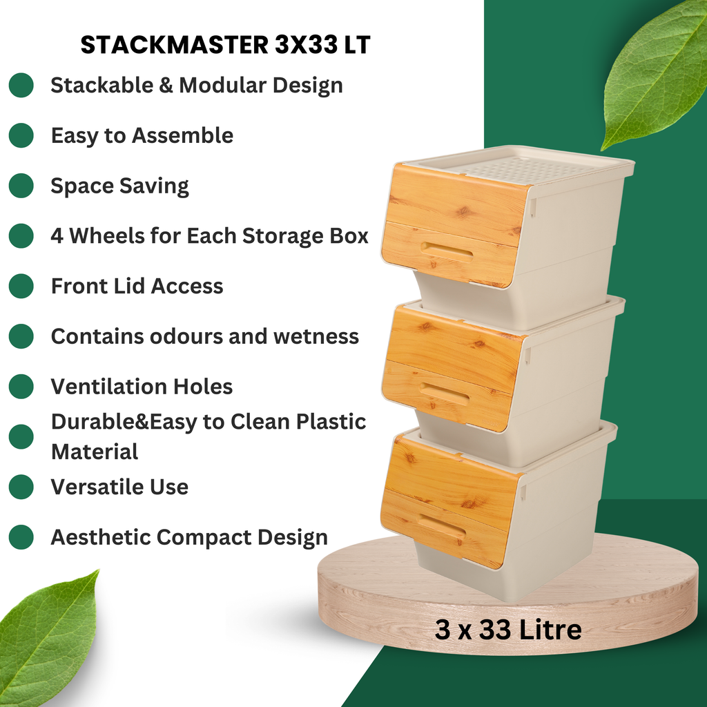 Stackable Storage Organiser Wheeled Toy Box (Bamboo 3x33LT)