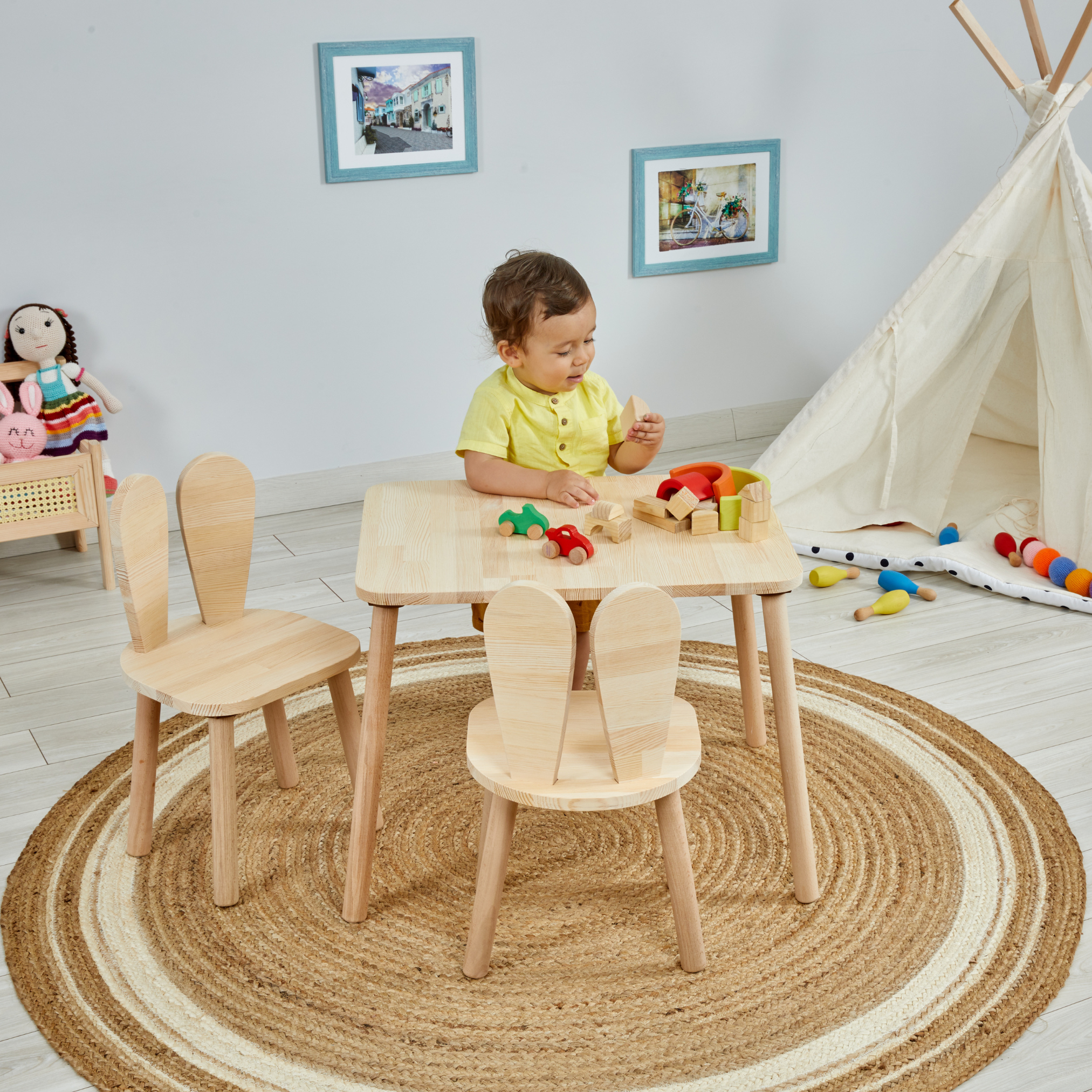 Montessori Table and Chair Set for Kids - Bunny Ears Piney