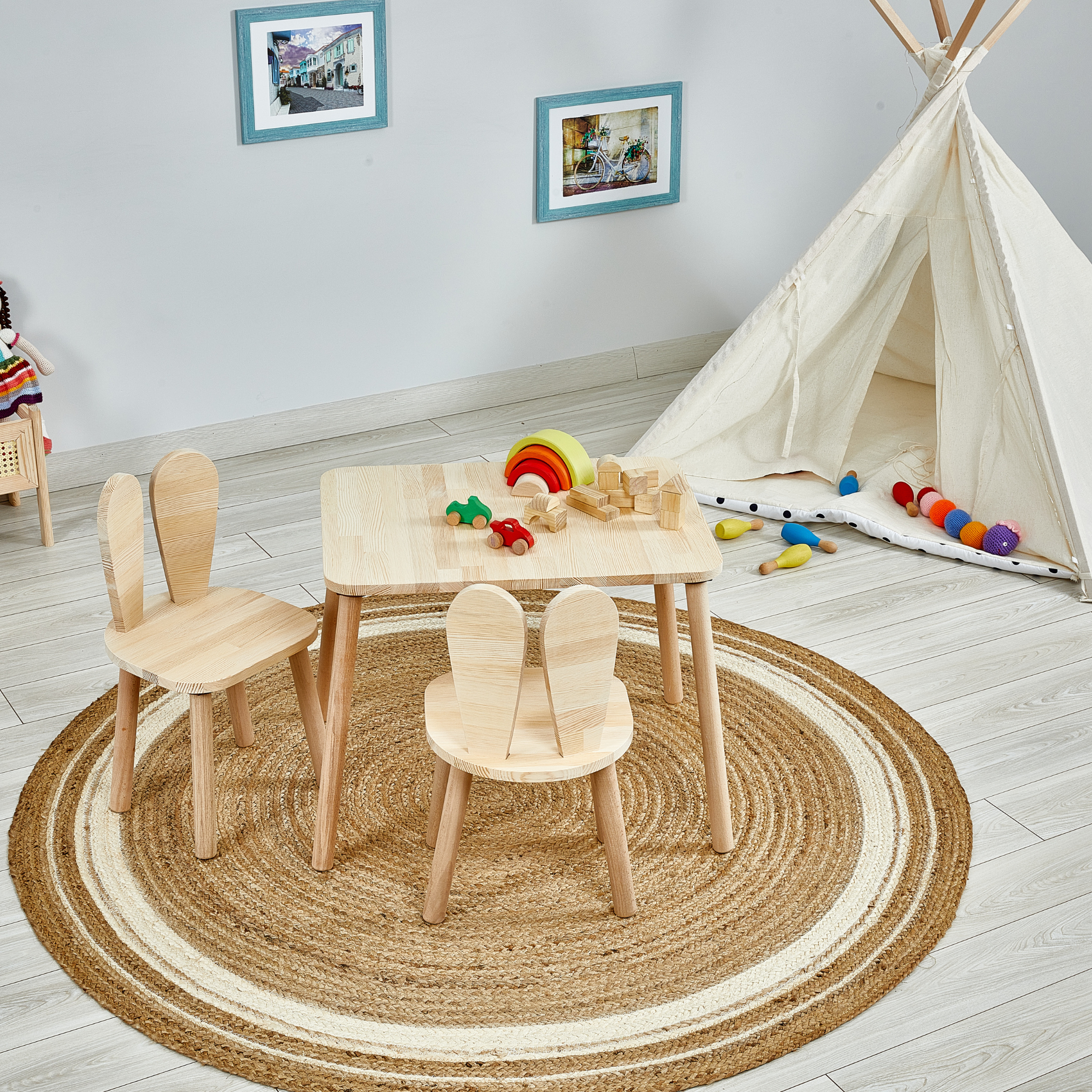 Montessori Table and Chair Set for Kids - Bunny Ears Piney