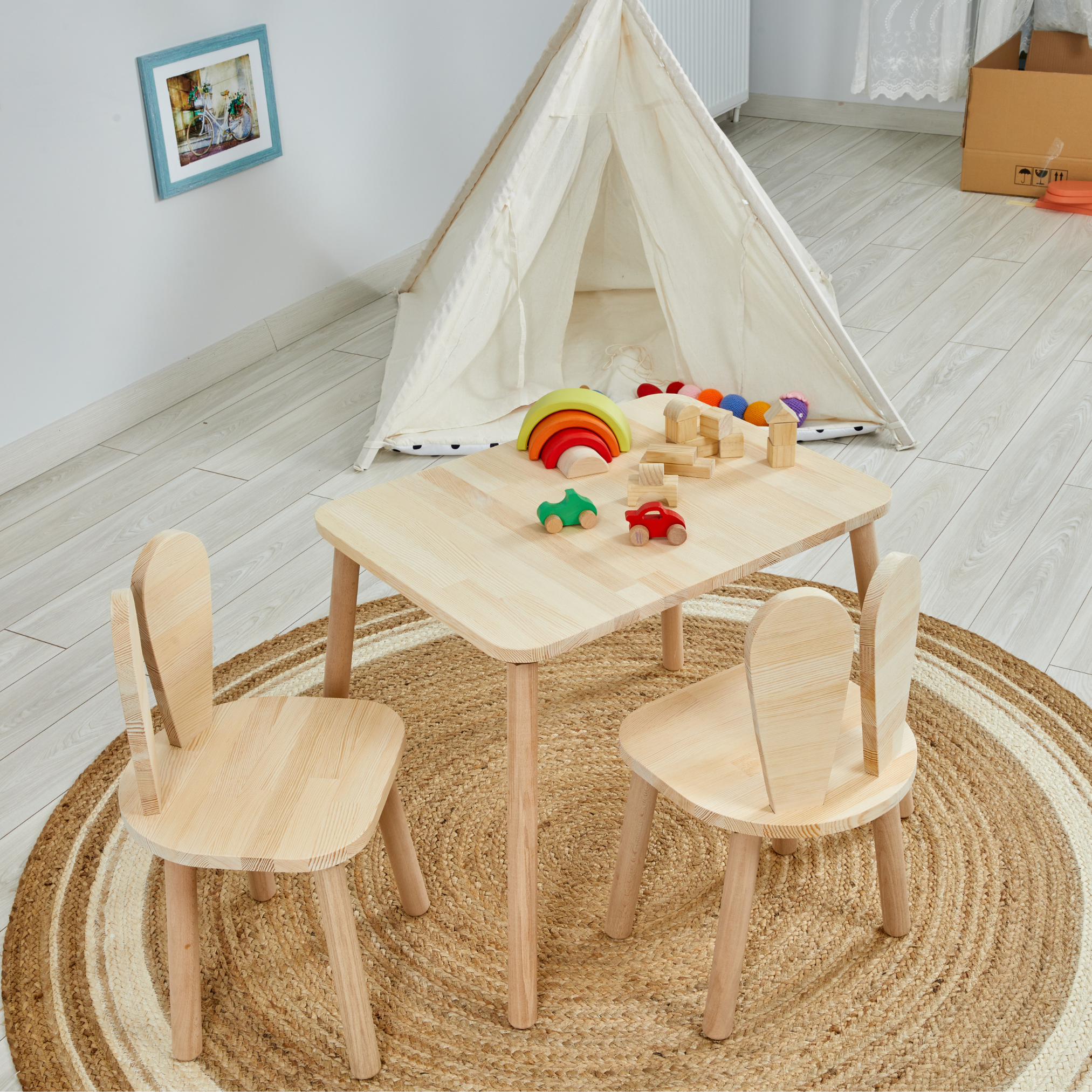 Montessori Table and Chair Set for Kids - Bunny Ears Piney
