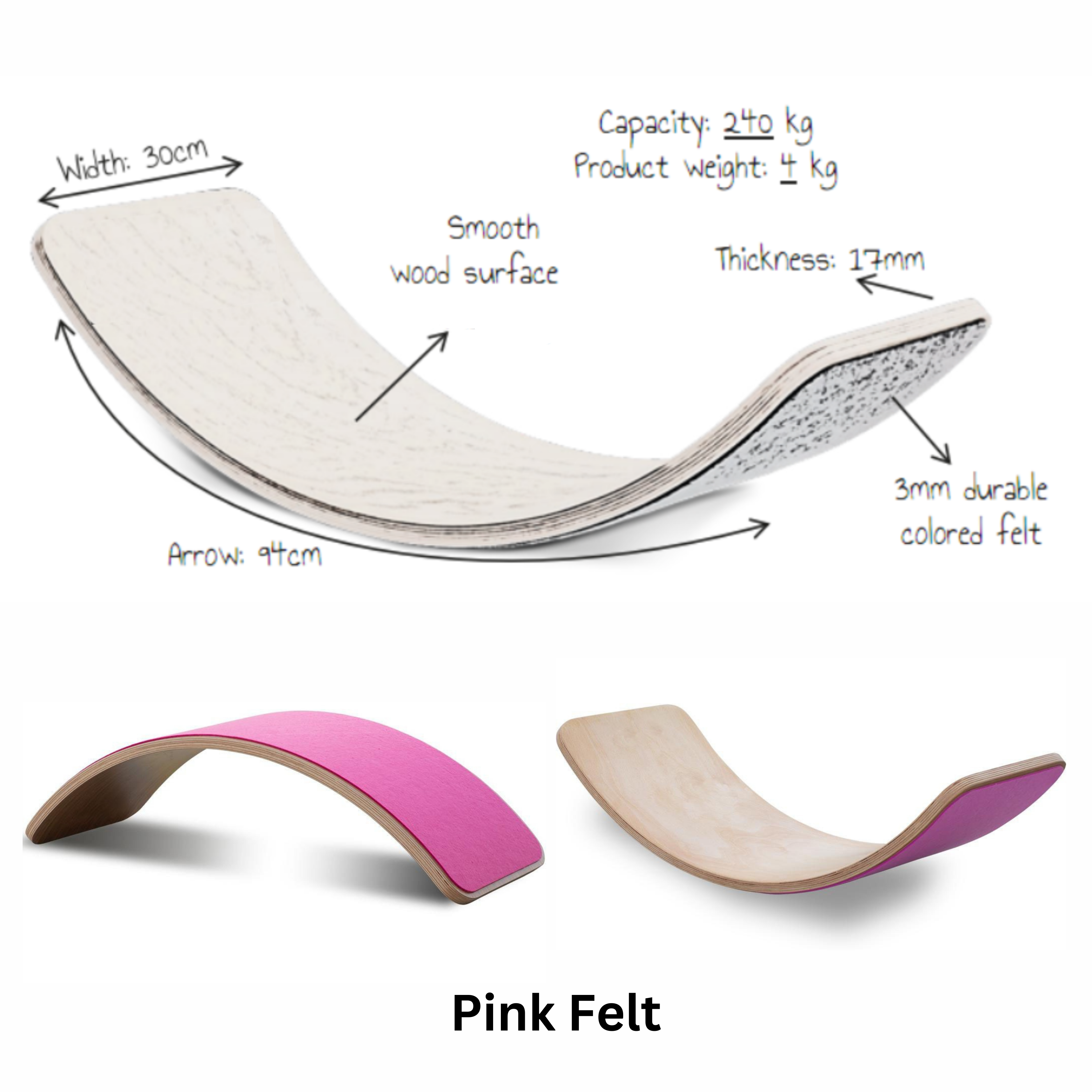 Wooden Balance Board - Pink Felt