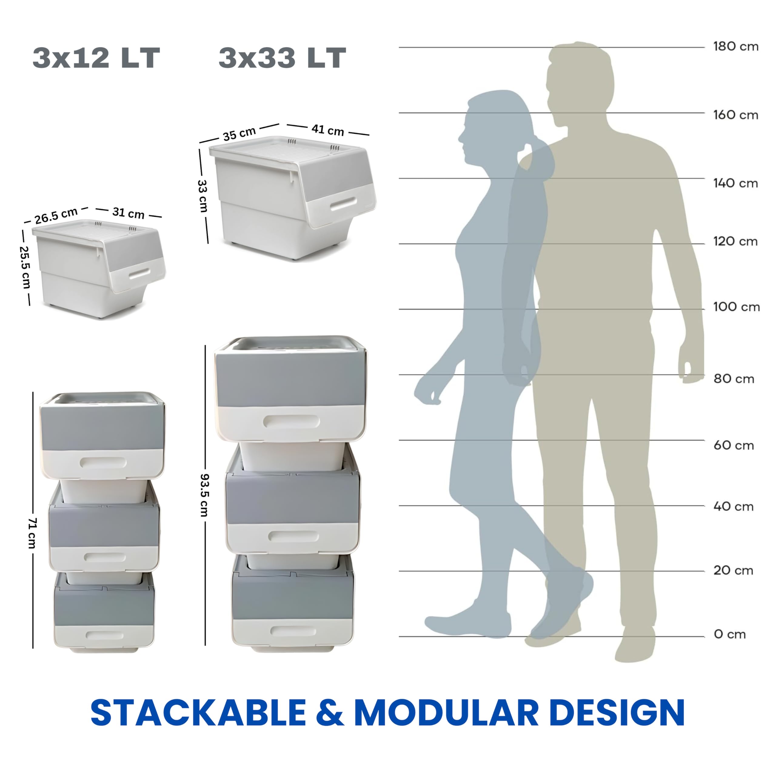 Stackable Storage Organiser Wheeled Toy Box (Grey 3x12LT)
